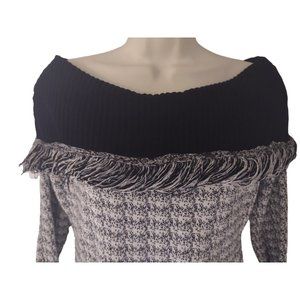 Vintage Y2K Signature by Bette Black White Knit Off Shoulder Fringe Sweater XL